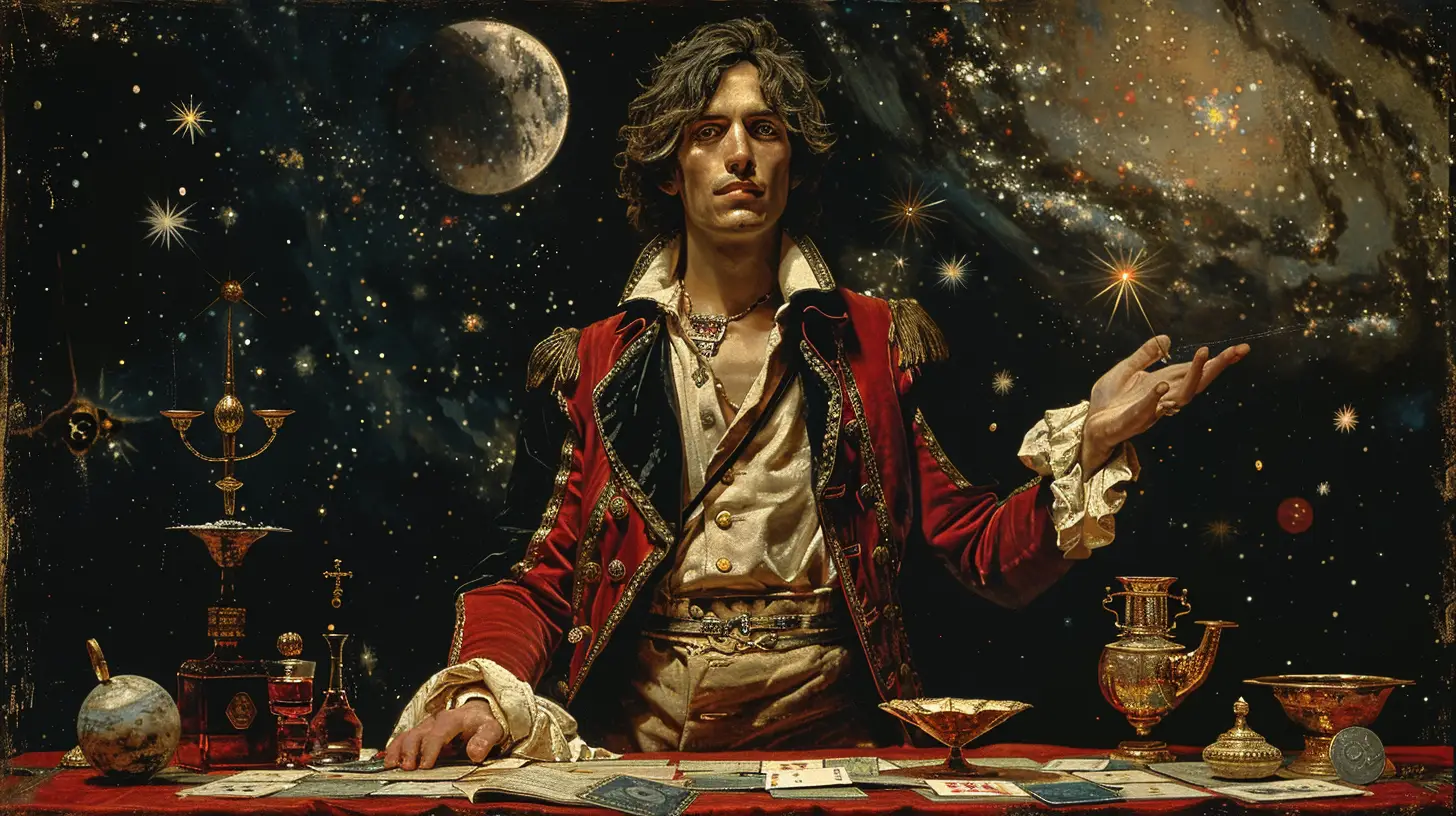 Carte de tarot Le Bateleur d'un jeune homme vêtu de rouge et de blanc, tenant une baguette magique dans la main droite et une pièce d'or dans la gauche, symbolisant le début d'un voyage, la créativité et la volonté.