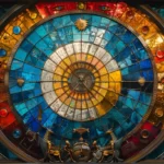 Carte de tarot La Roue de Fortune illustrant une roue cosmique entourée de quatre créatures représentant les éléments de la terre, de l'eau, de l'air et du feu, symbole de cycles, de destin et de changements inattendus.