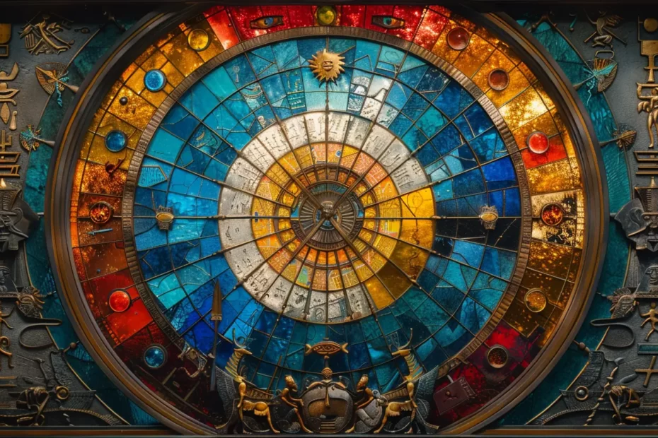 Carte de tarot La Roue de Fortune illustrant une roue cosmique entourée de quatre créatures représentant les éléments de la terre, de l'eau, de l'air et du feu, symbole de cycles, de destin et de changements inattendus.