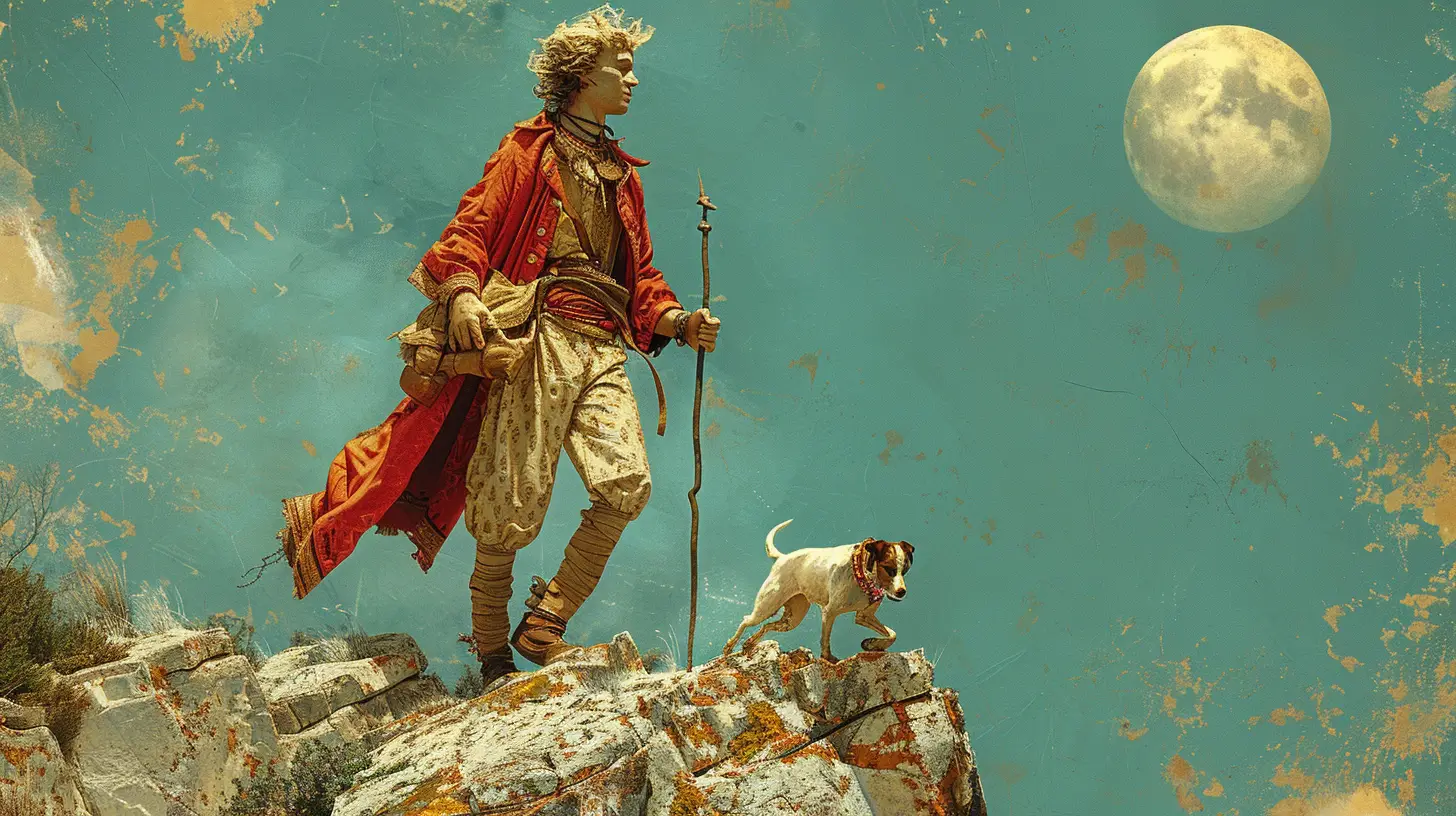 Carte de tarot Le Mat, représentant un vagabond avec un sac sur l'épaule et un chien à ses pieds, symbolisant le début d'un voyage, l'innocence, la spontanéité et l'indépendance.