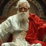 Carte de tarot Le Pape, représentant un homme âgé en tenue religieuse, assis sur un trône entre deux moines, symbole de sagesse, d'autorité spirituelle et de guidance.