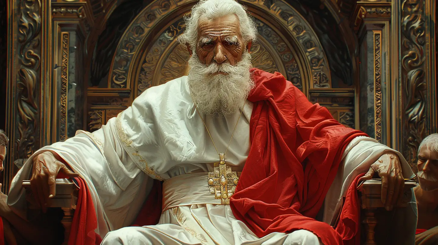 Carte de tarot Le Pape, représentant un homme âgé en tenue religieuse, assis sur un trône entre deux moines, symbole de sagesse, d'autorité spirituelle et de guidance.